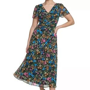 Kensie Blossoms Floral Print V-Neck Short Sleeve A-Line Dress size Zero
